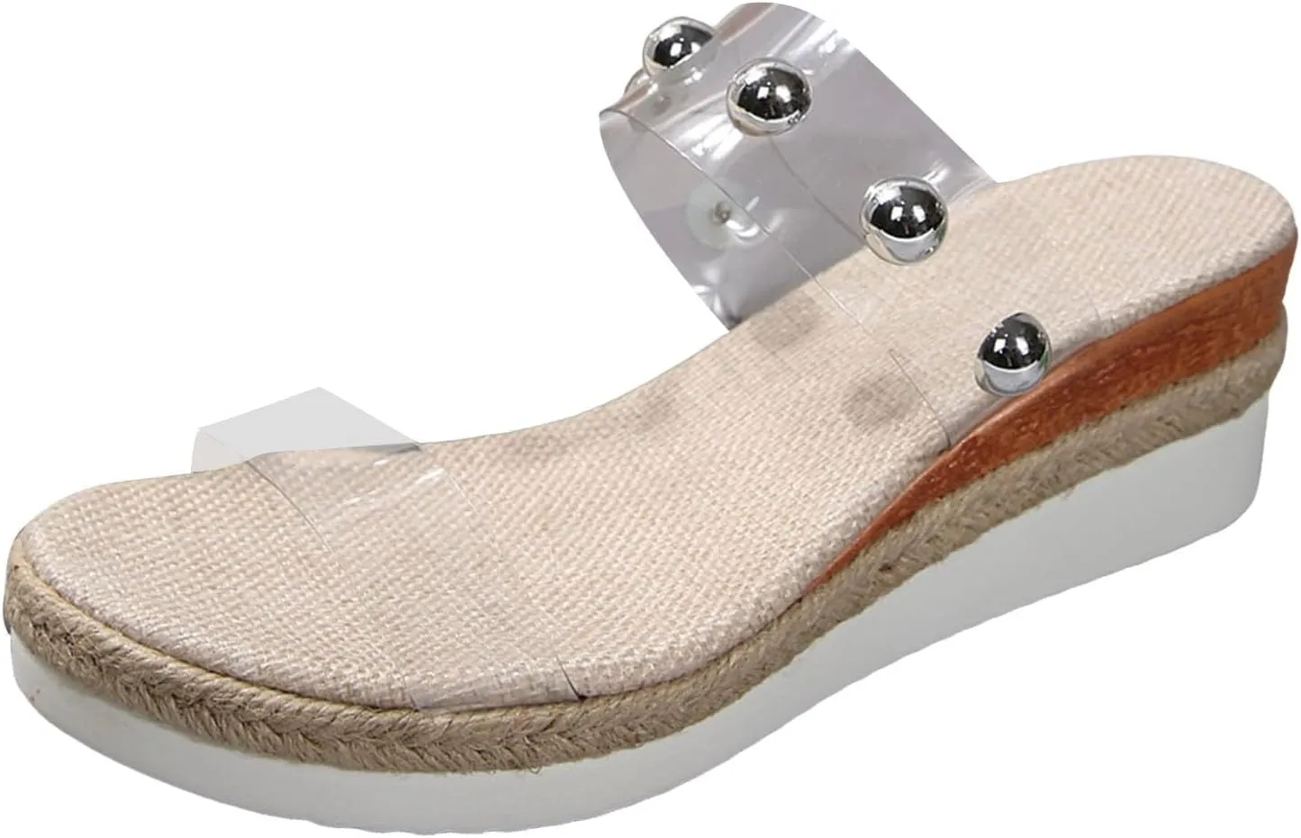 Espadrilles Wedge Sandals for Women with Pearl Clear Strap Open Toe Orthopedic Backless Slip On Low Heel Slides Ladies Comfy Cushioned Footbed Arch Support Recovery Mules Cute Shoes