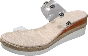 Espadrilles Wedge Sandals for Women with Pearl Clear Strap Open Toe Orthopedic Backless Slip On Low Heel Slides Ladies Comfy Cushioned Footbed Arch Support Recovery Mules Cute Shoes