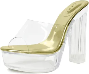 Fantoesay Women's Clear Platform Sandals Chunky Heel Mules Slip On Sandals