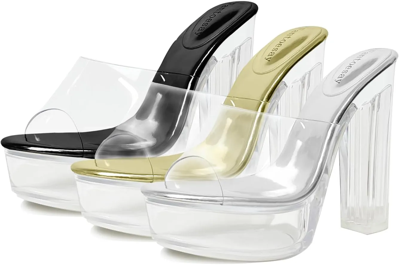 Fantoesay Women's Clear Platform Sandals Chunky Heel Mules Slip On Sandals