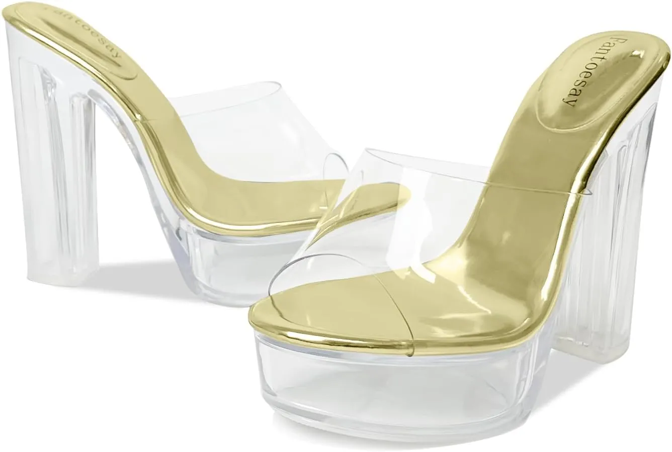 Fantoesay Women's Clear Platform Sandals Chunky Heel Mules Slip On Sandals