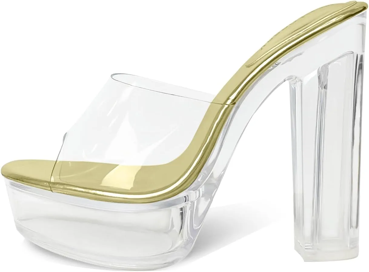 Fantoesay Women's Clear Platform Sandals Chunky Heel Mules Slip On Sandals