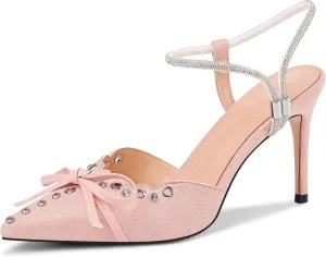 Fericzot Women's Pointed Toe Bow Tie Mule Heels Adjustable Strap Backless Studded Stilettos Slip On Dress Pump Shoes Party Wedding