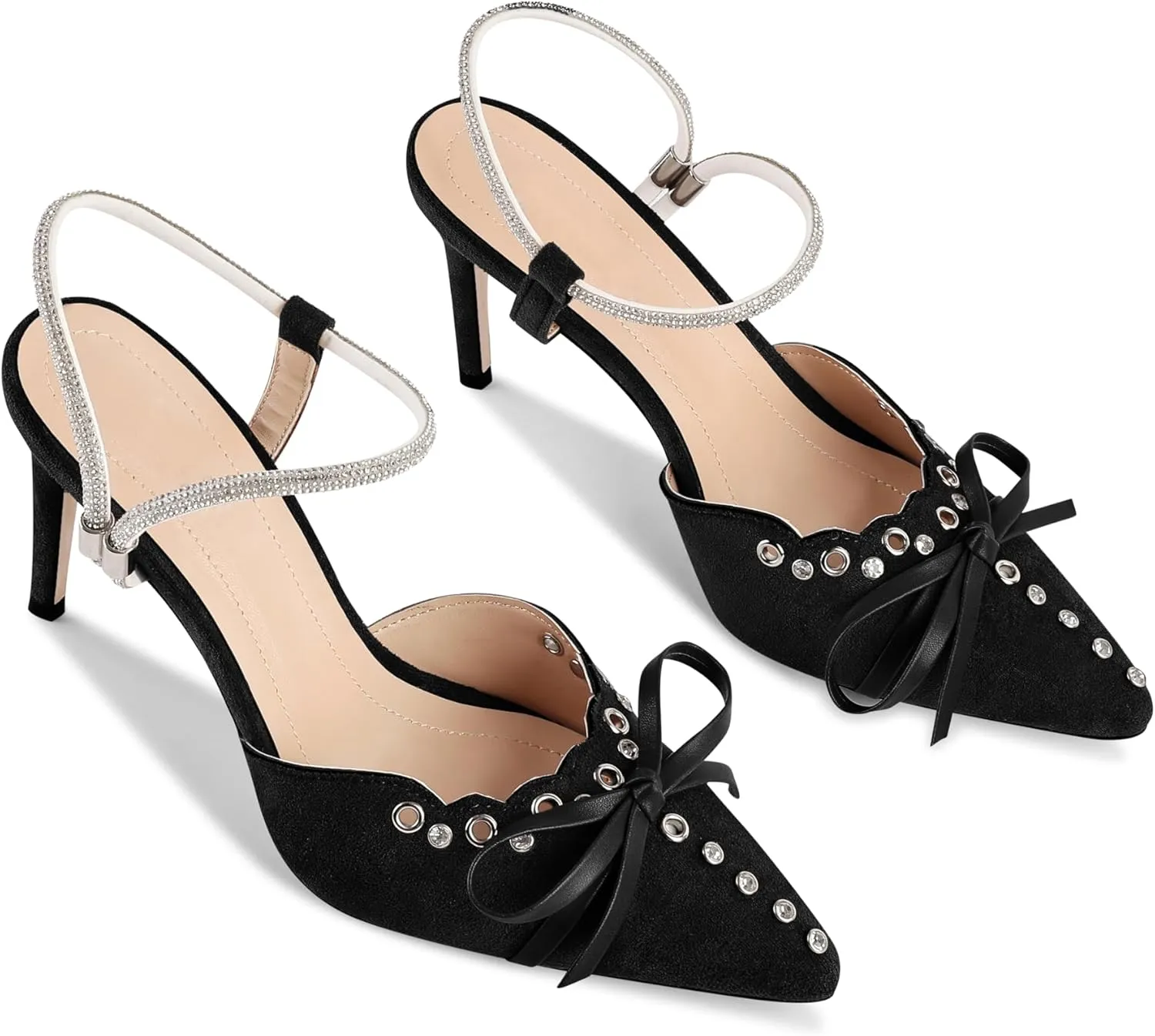 Fericzot Women's Pointed Toe Bow Tie Mule Heels Adjustable Strap Backless Studded Stilettos Slip On Dress Pump Shoes Party Wedding