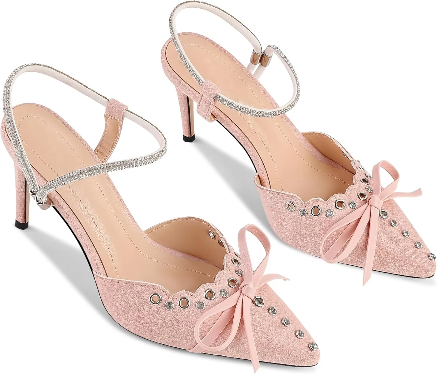 Fericzot Women's Pointed Toe Bow Tie Mule Heels Adjustable Strap Backless Studded Stilettos Slip On Dress Pump Shoes Party Wedding