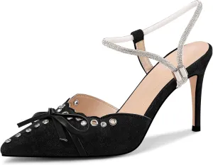 Fericzot Women's Pointed Toe Bow Tie Mule Heels Adjustable Strap Backless Studded Stilettos Slip On Dress Pump Shoes Party Wedding