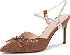 Fericzot Women's Pointed Toe Bow Tie Mule Heels Adjustable Strap Backless Studded Stilettos Slip On Dress Pump Shoes Party Wedding