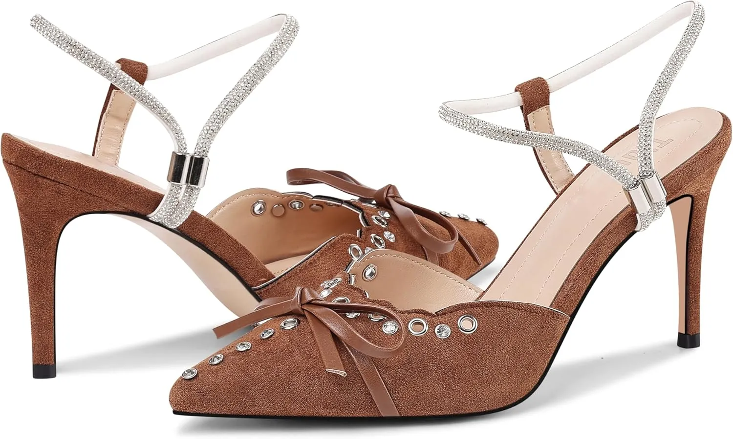 Fericzot Women's Pointed Toe Bow Tie Mule Heels Adjustable Strap Backless Studded Stilettos Slip On Dress Pump Shoes Party Wedding