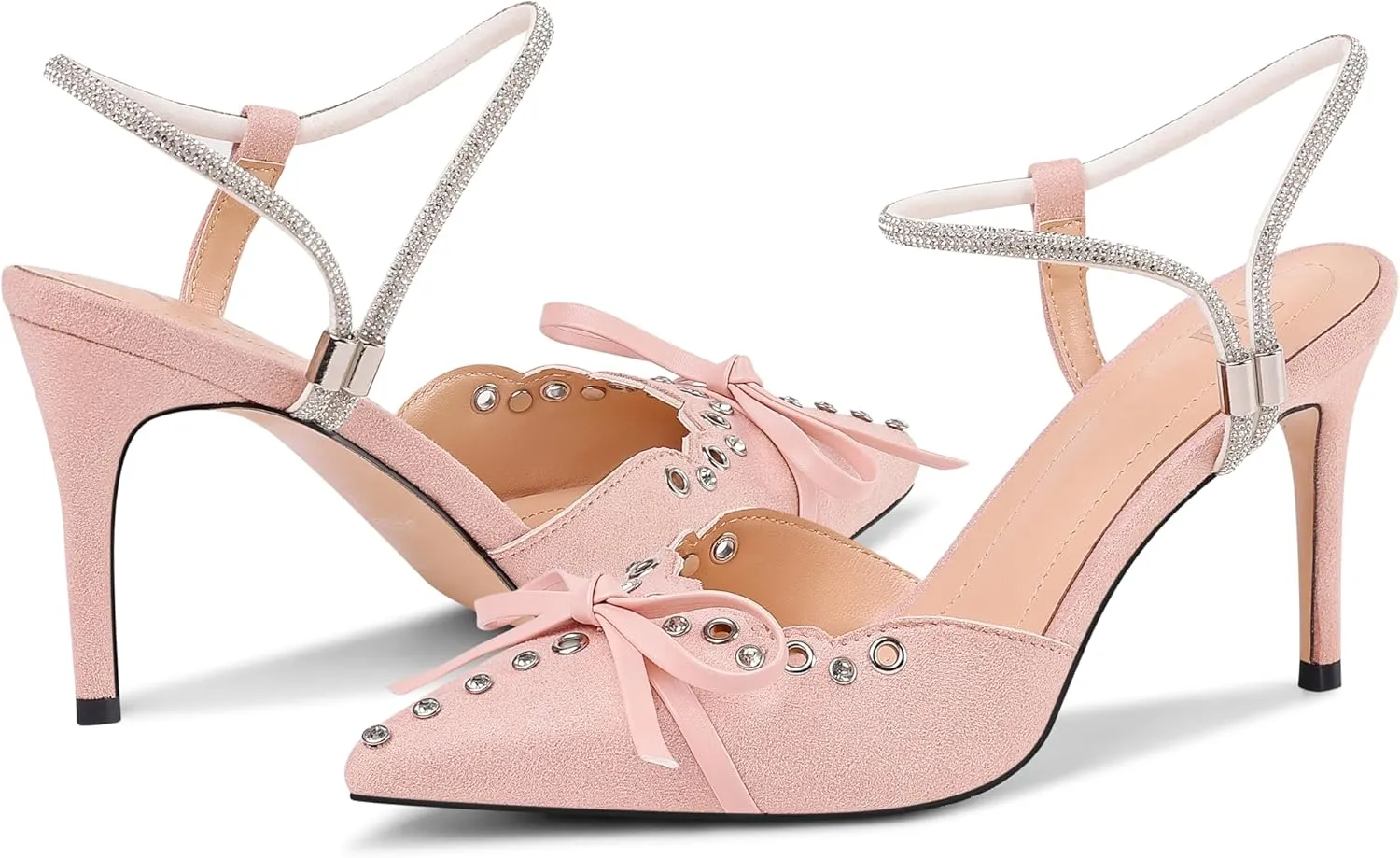 Fericzot Women's Pointed Toe Bow Tie Mule Heels Adjustable Strap Backless Studded Stilettos Slip On Dress Pump Shoes Party Wedding