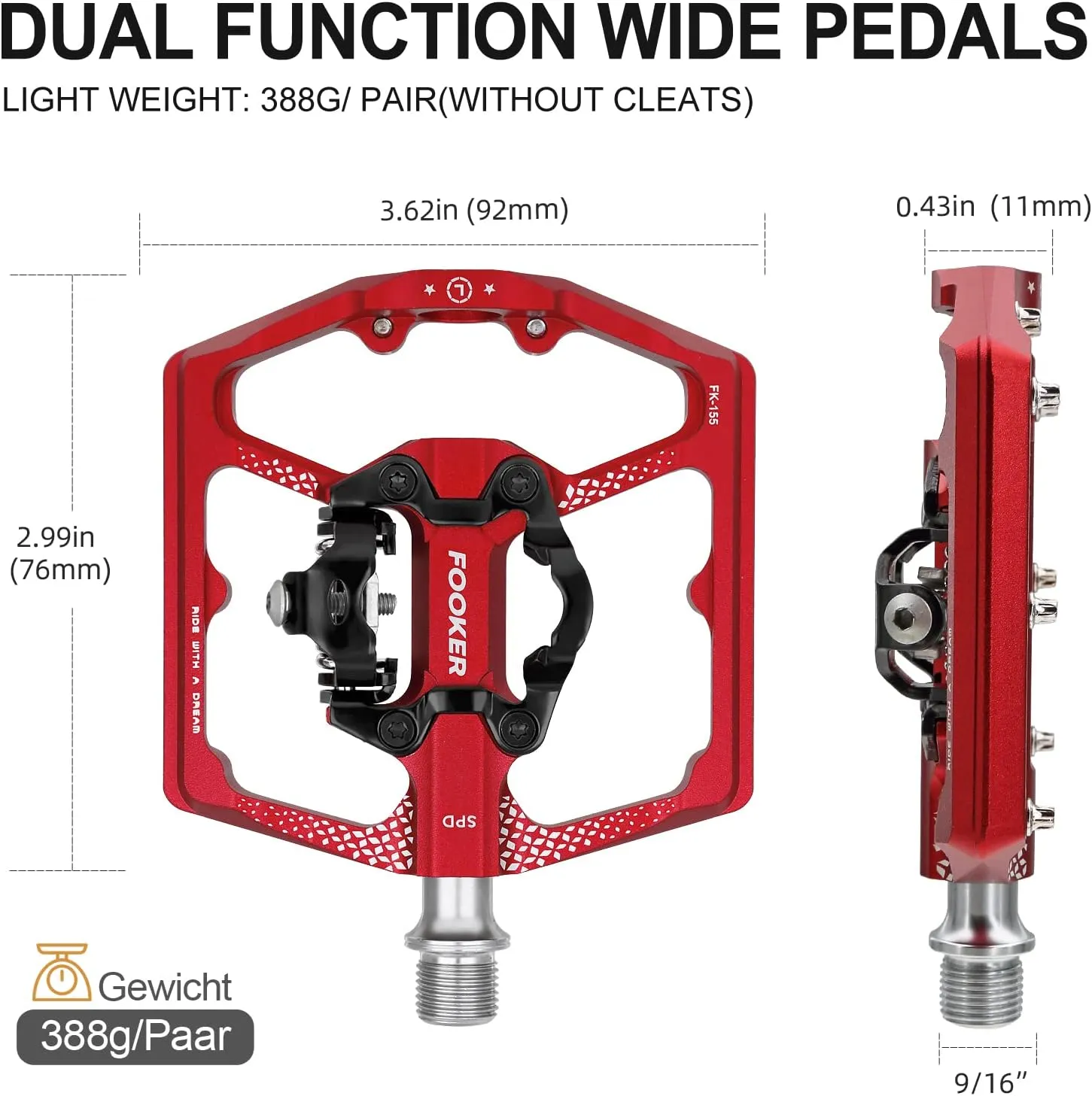 FOOKER MTB Mountain Bike Pedals, Dual Function Flat and Pedal,3 Sealed Bearing Flat Platform Compatible with Clipless Pedal Aluminum 9/16" Pedals with Cleats for Road Mountain BMX MTB
