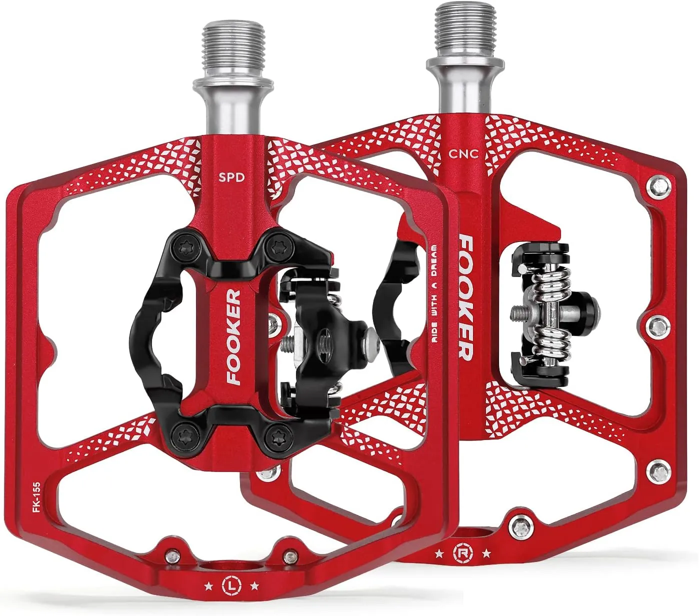 FOOKER MTB Mountain Bike Pedals, Dual Function Flat and Pedal,3 Sealed Bearing Flat Platform Compatible with Clipless Pedal Aluminum 9/16" Pedals with Cleats for Road Mountain BMX MTB