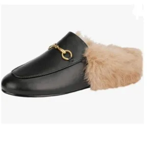 FOWT Black Mules for Women Fluffy Fur Buckle Mule Shoes Backless Loafers Leather
