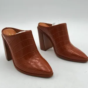 FOWT Brown Crocodile Embossed Mule Chunky Stacked Heel Slippers Pointed Toe Shoe