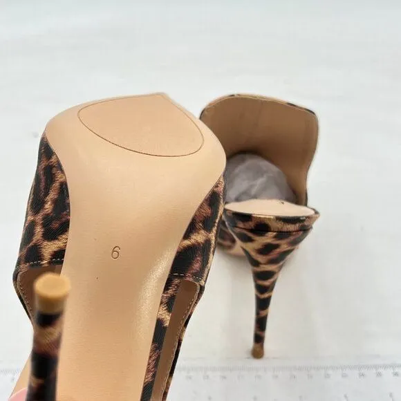 FOWT Brown Leopard Print Side V Cut Backless Mule Pointed Toe High Heel Shoes