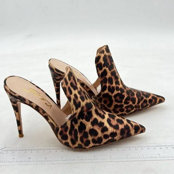 FOWT Brown Leopard Print Side V Cut Backless Mule Pointed Toe High Heel Shoes