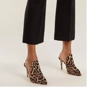 FOWT Brown Leopard Print Side V Cut Backless Mule Pointed Toe High Heel Shoes