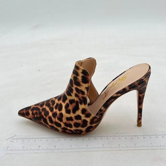 FOWT Brown Leopard Print Side V Cut Backless Mule Pointed Toe High Heel Shoes