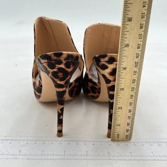 FOWT Brown Leopard Print Side V Cut Backless Mule Pointed Toe High Heel Shoes