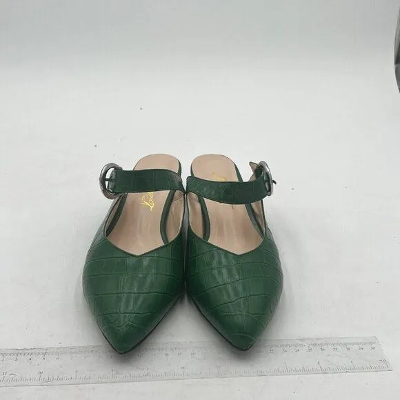 FOWT Green Croc-textured Sexy Pointed Toe Low Chunky Heel Strappy Mule Sandals