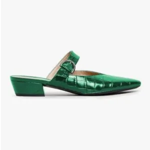FOWT Green Croc-textured Sexy Pointed Toe Low Chunky Heel Strappy Mule Sandals