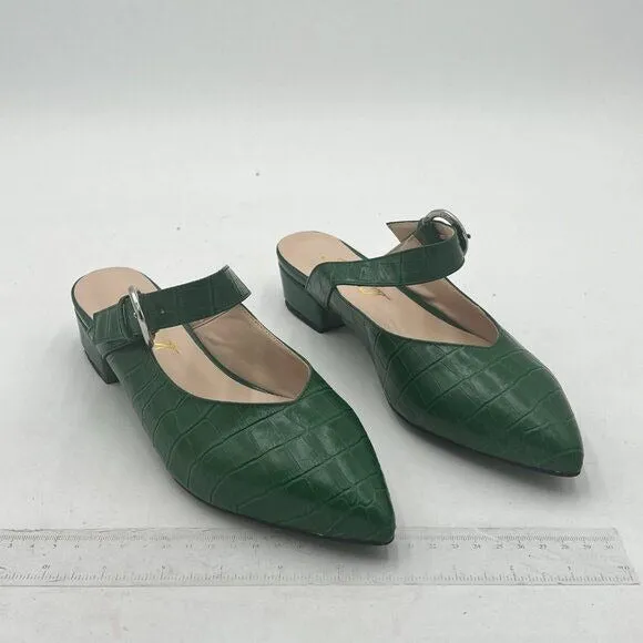 FOWT Green Croc-textured Sexy Pointed Toe Low Chunky Heel Strappy Mule Sandals