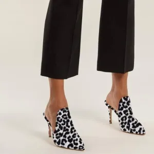 FOWT White Leopard Print Side V Cut Backless Pointed Toe High Stiletto Heel Mule