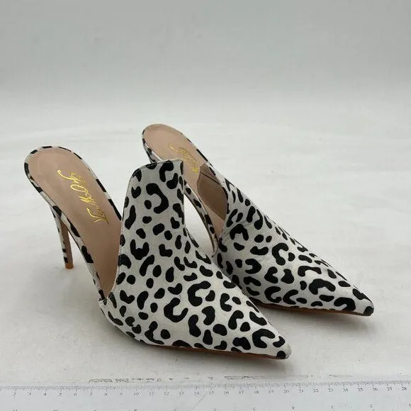 FOWT White Leopard Print Side V Cut Backless Pointed Toe High Stiletto Heel Mule