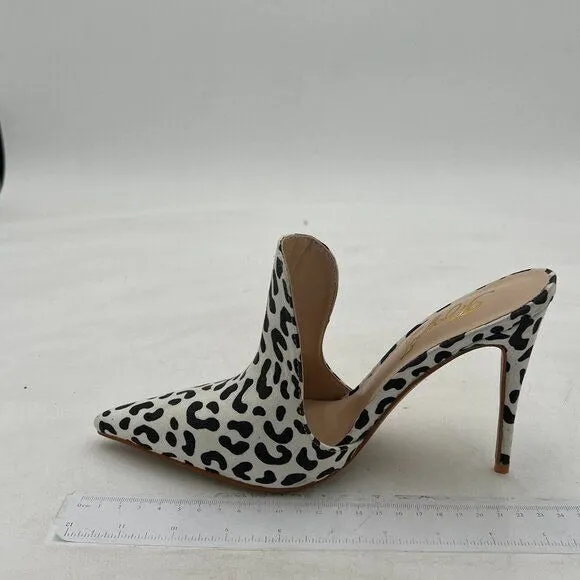 FOWT White Leopard Print Side V Cut Backless Pointed Toe High Stiletto Heel Mule