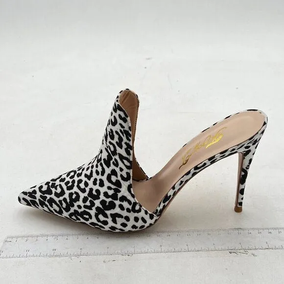 FOWT White Leopard Print Side V Cut Pointed Toe High Stiletto Heel Backless Mule