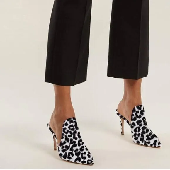 FOWT White Leopard Print Side V Cut Pointed Toe High Stiletto Heel Backless Mule