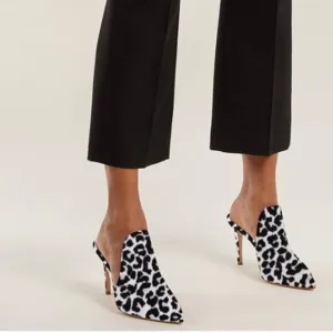 FOWT White Leopard Print Side V Cut Pointed Toe High Stiletto Heel Backless Mule