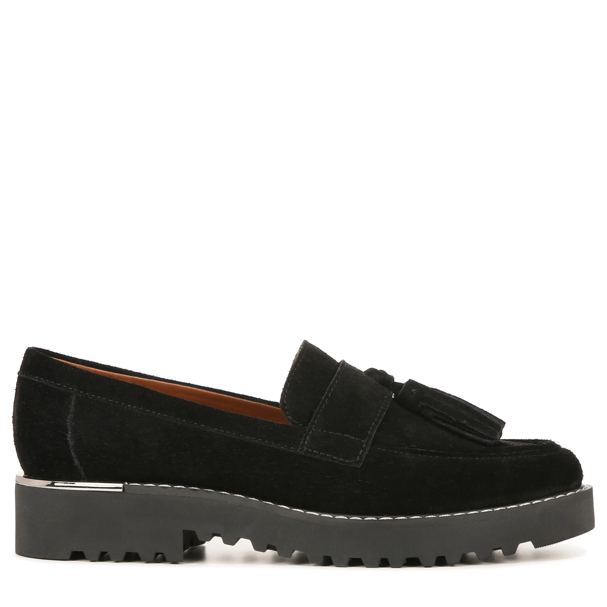 Franco Sarto Womens Carolynn Lug Sole Loafer with Tassel Detail , Black Suede, 7.5