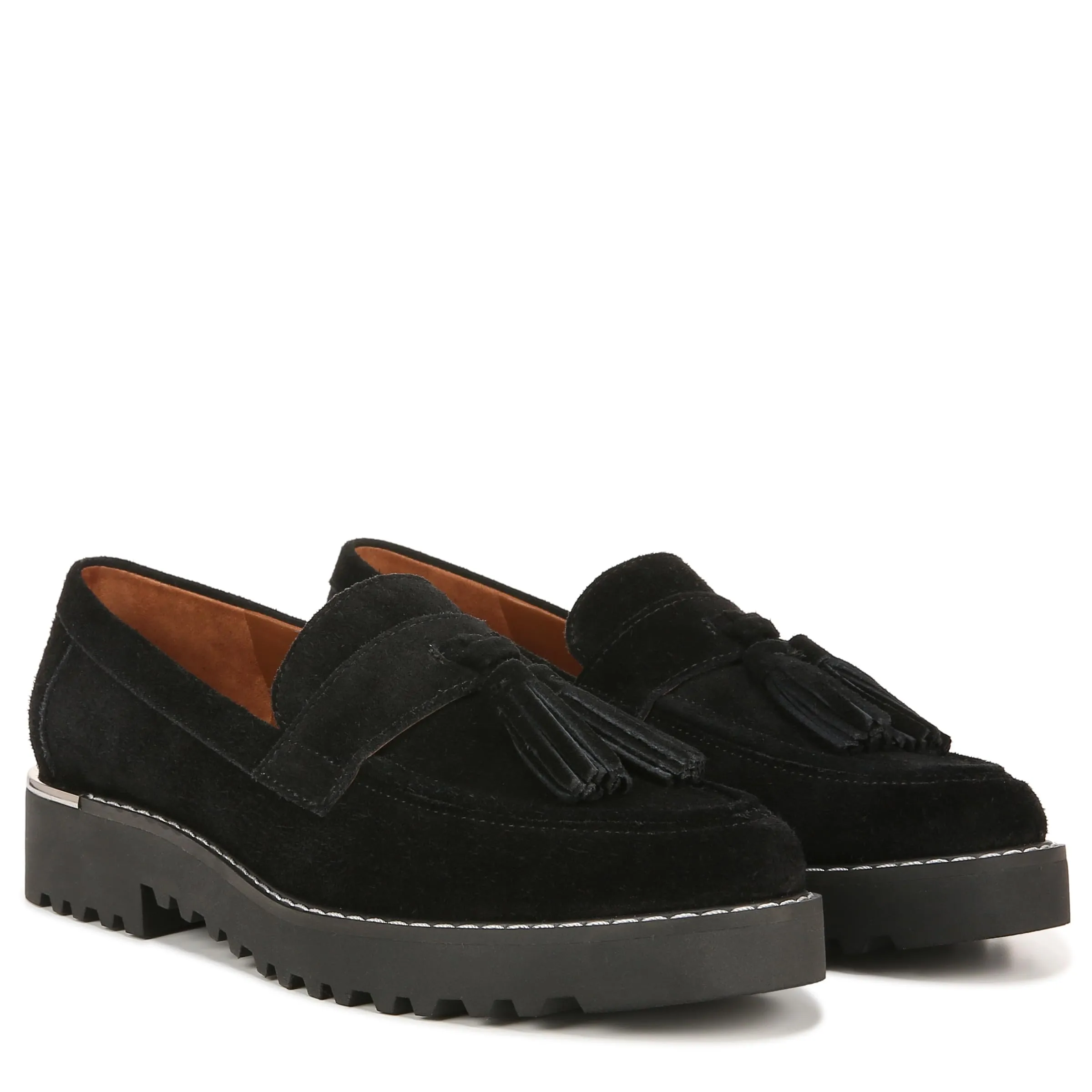 Franco Sarto Womens Carolynn Lug Sole Loafer with Tassel Detail , Black Suede, 7.5