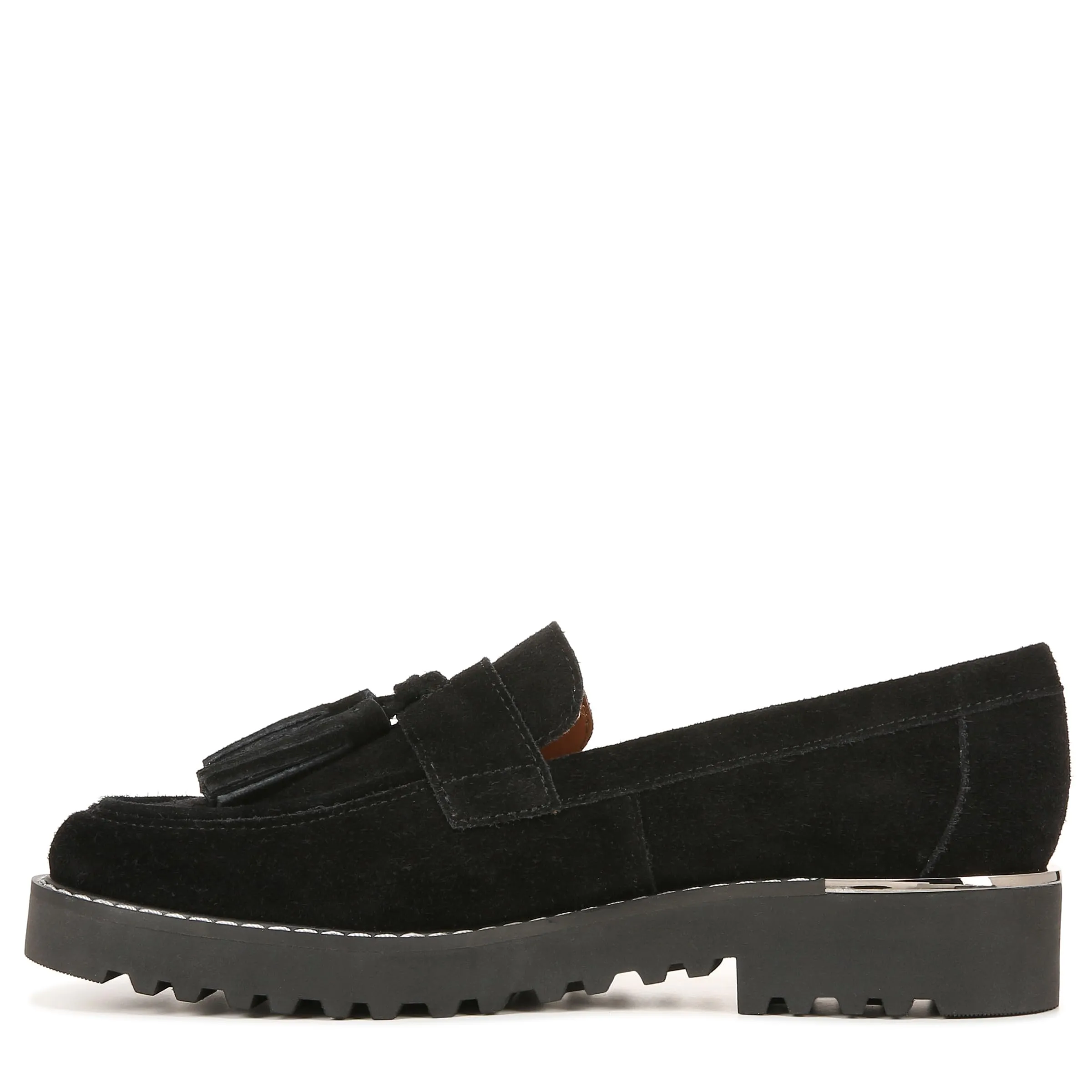 Franco Sarto Womens Carolynn Lug Sole Loafer with Tassel Detail , Black Suede, 7.5
