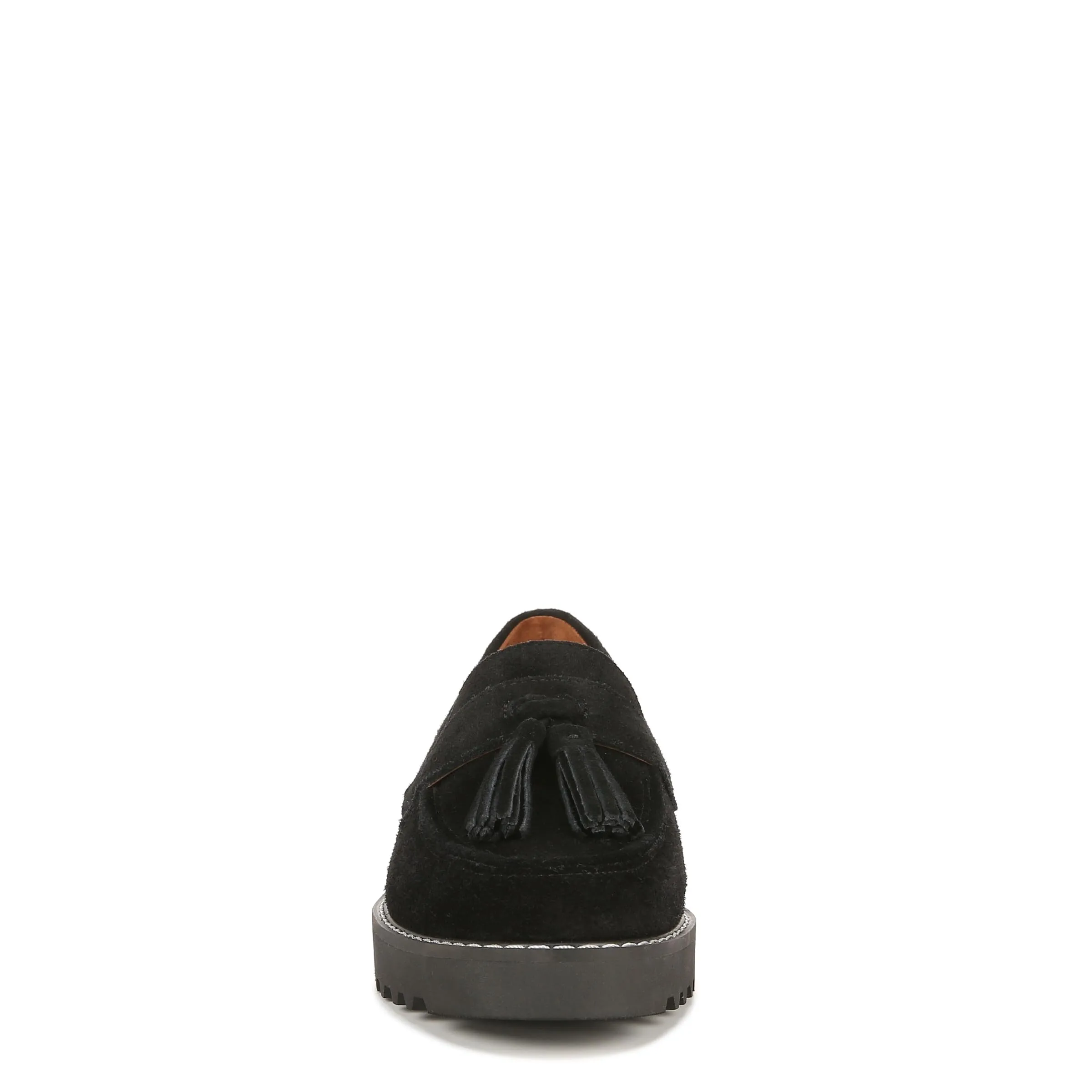 Franco Sarto Womens Carolynn Lug Sole Loafer with Tassel Detail , Black Suede, 7.5