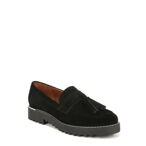 Franco Sarto Womens Carolynn Lug Sole Loafer with Tassel Detail , Black Suede, 7.5