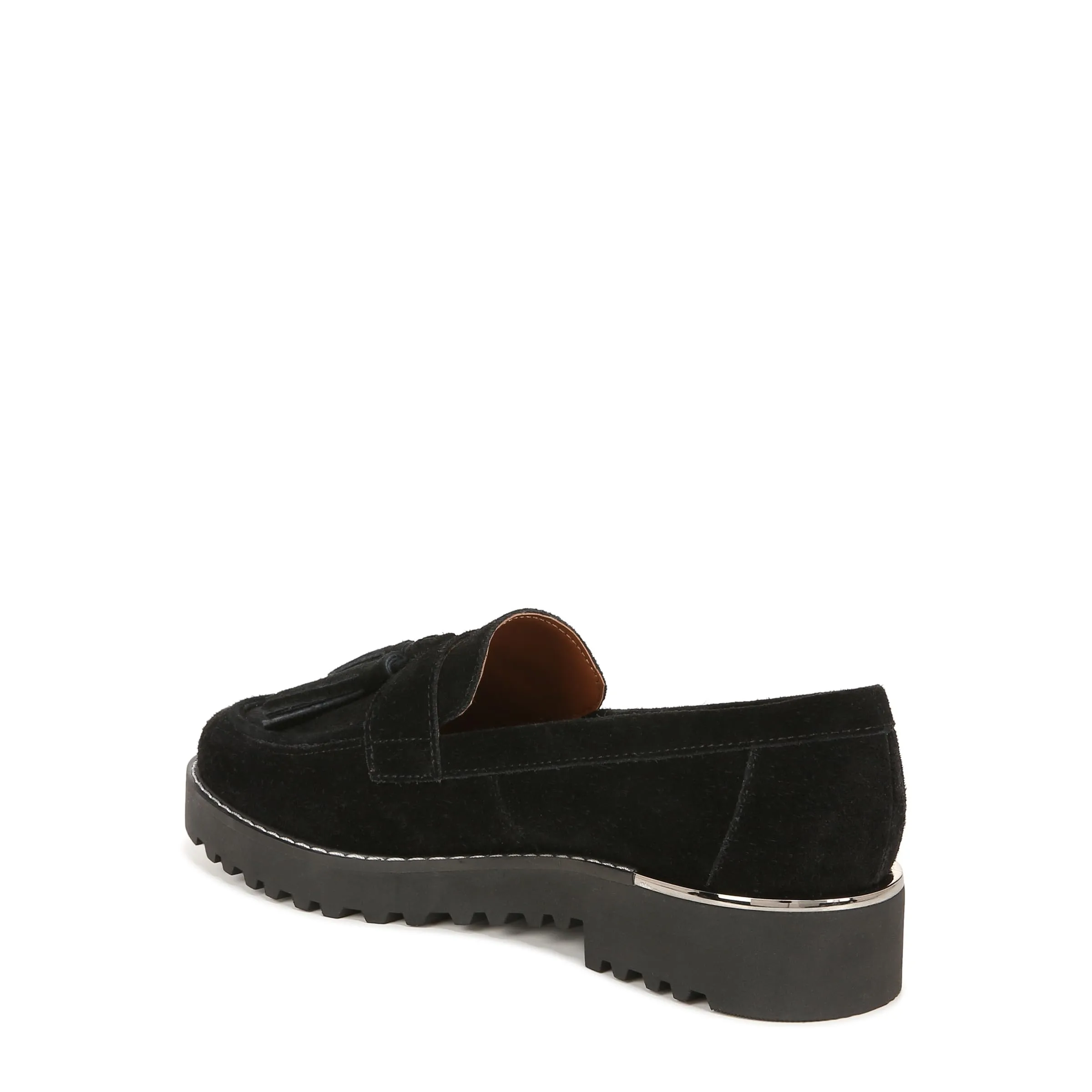 Franco Sarto Womens Carolynn Lug Sole Loafer with Tassel Detail , Black Suede, 7.5