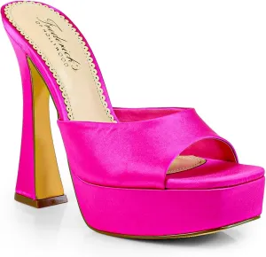 FREDERICK'S OF HOLLYWOOD Open Square Toe Platform Mule with Trapezoid Heel Slide-On Sandal - Trendy Women's Sandal with Chunky Sole, Chic Summer Footwear, FOH-ELAINA(HOT PINK, Size 9.5)