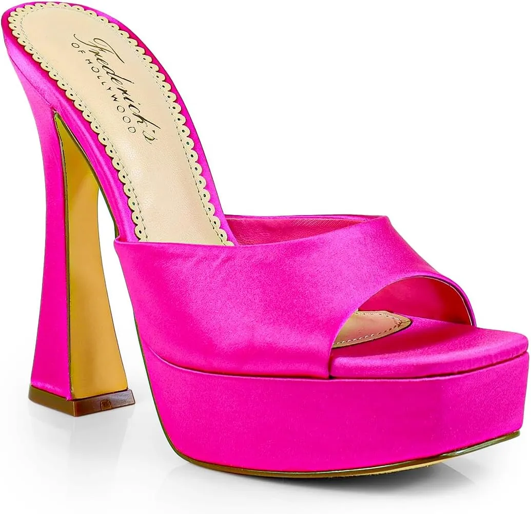FREDERICK'S OF HOLLYWOOD Open Square Toe Platform Mule with Trapezoid Heel Slide-On Sandal - Trendy Women's Sandal with Chunky Sole, Chic Summer Footwear, FOH-ELAINA(HOT PINK, Size 9.5)