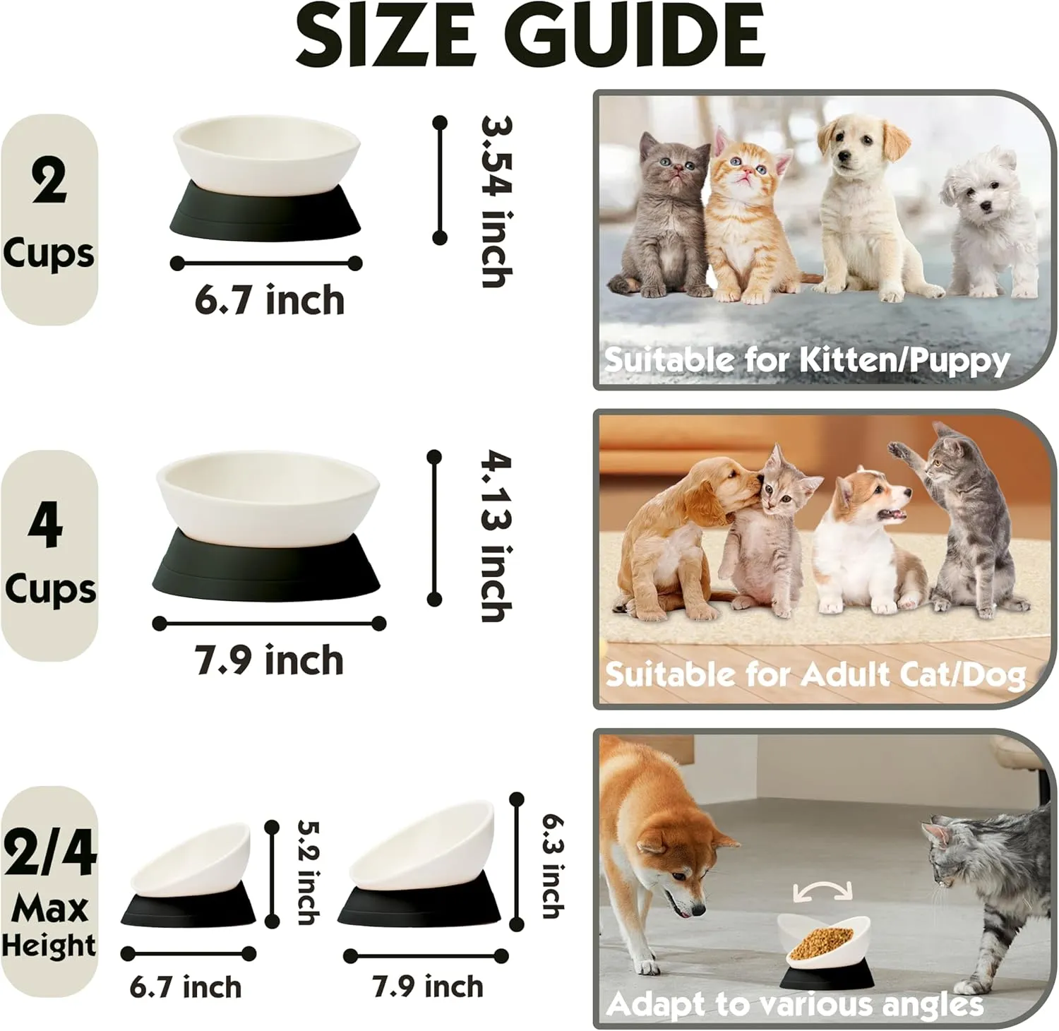 French Bulldog Food Bowl- Slanted Tilted Pug Food Water Bowl,Cat Bowl- Feeder for Frenchie/Shih Tzu/Flat Faced Small Dogs/Puppies/Cats (Black, 4 Cup)