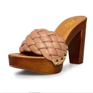 FSJ Women Braided Open Toe Chunky High Heel Sandal Woven Slip On Mule Comfortabl