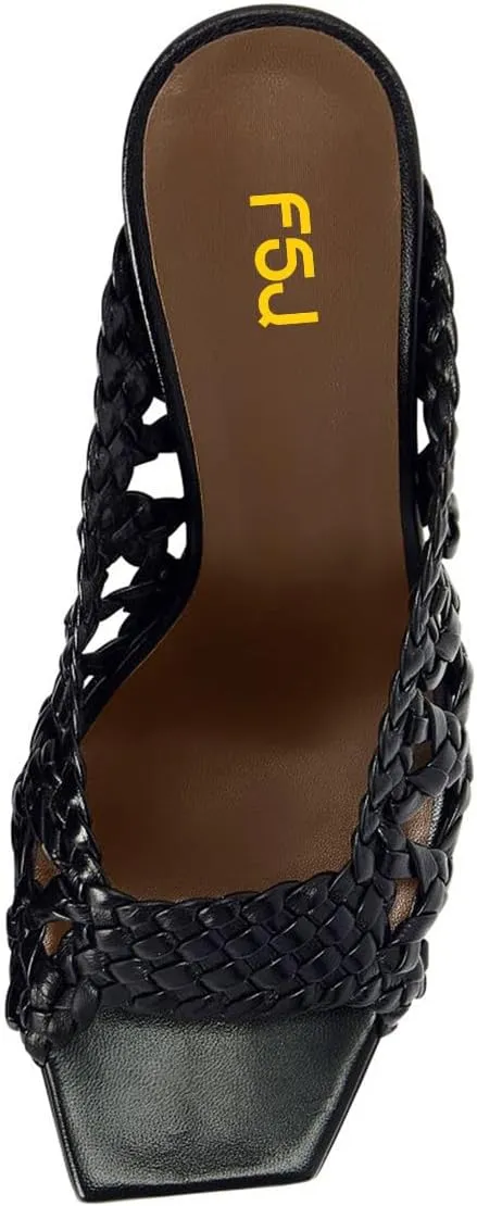 FSJ Women Braided Slip On Mules Square Open Toe Chunky Block Heels Comfortable Backless Heeled Sandals Casual Dressy Shoes Size 4-16 US