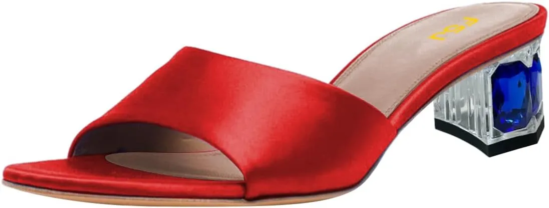 FSJ Women Gemstone Block Mule Heeled Sandals Open Toe Crystal Chunky Heels Slip On Backless Slide Dressy Party Prom Shoes Size 4-16 US