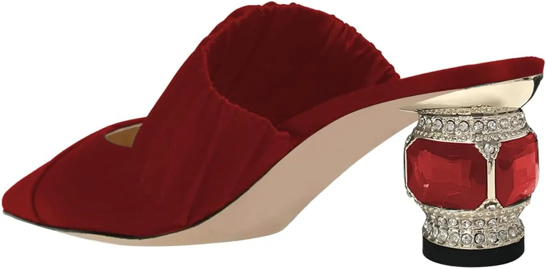 FSJ Women Low Heel Mule Closed Pointed Toe Sandal with Elastic Strap Slip On Crystal Chunky Heels Slippers Backless Slides Shoes Size 4-16 US