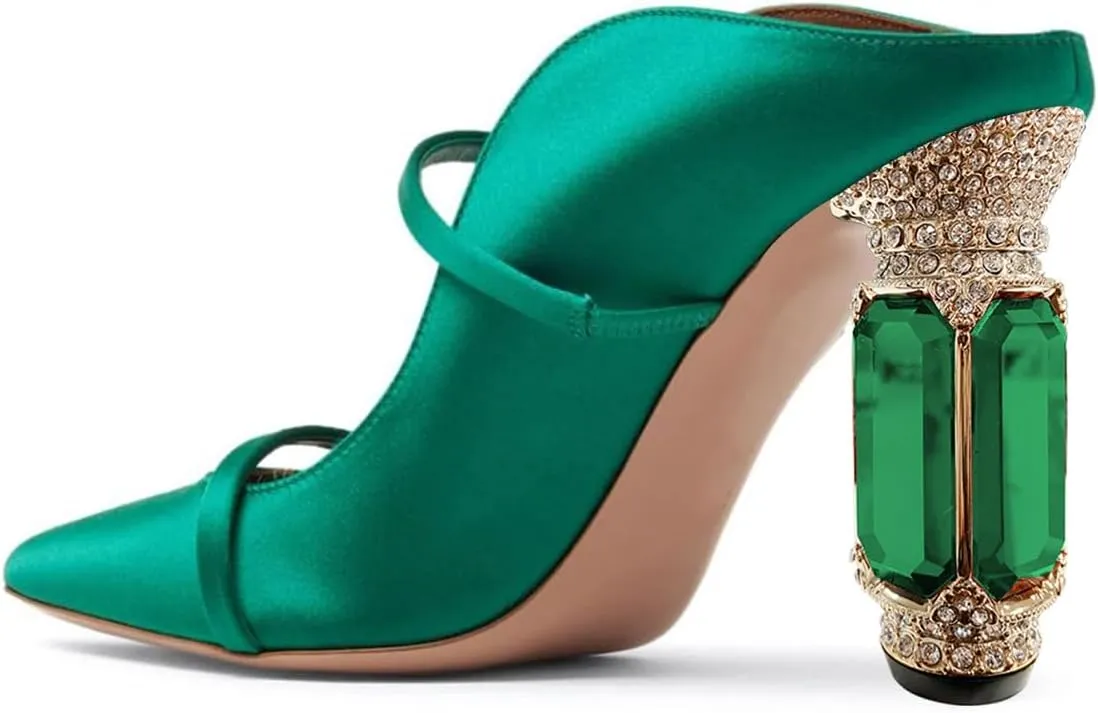 FSJ Women Pointed Toe Mules Chunky High Heels Sandals Pumps Slip On Two Strap Chic Crystal Block Heels Backless Casual Dressy Shoes Size 4-16 US