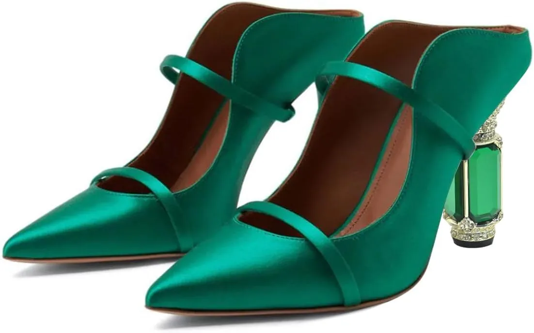 FSJ Women Pointed Toe Mules Chunky High Heels Sandals Pumps Slip On Two Strap Chic Crystal Block Heels Backless Casual Dressy Shoes Size 4-16 US