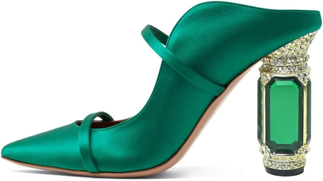 FSJ Women Pointed Toe Mules Chunky High Heels Sandals Pumps Slip On Two Strap Chic Crystal Block Heels Backless Casual Dressy Shoes Size 4-16 US