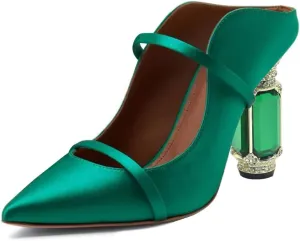 FSJ Women Pointed Toe Mules Chunky High Heels Sandals Pumps Slip On Two Strap Chic Crystal Block Heels Backless Casual Dressy Shoes Size 4-16 US