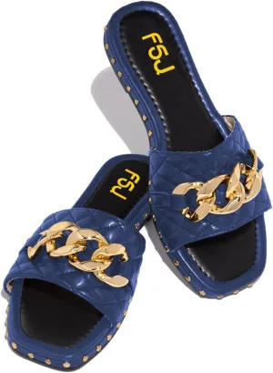 FSJ Women Sexy Square Open Toe Comfortable Flat Thick Sole Cushion Sandals Fashion Gold Chain Style Slip On Slides Checkered Strap Studded Daily Ladies Summer Shoes Size 4-15 US