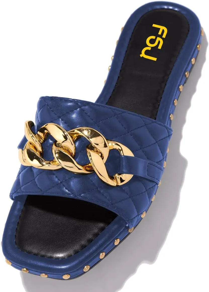 FSJ Women Sexy Square Open Toe Comfortable Flat Thick Sole Cushion Sandals Fashion Gold Chain Style Slip On Slides Checkered Strap Studded Daily Ladies Summer Shoes Size 4-15 US